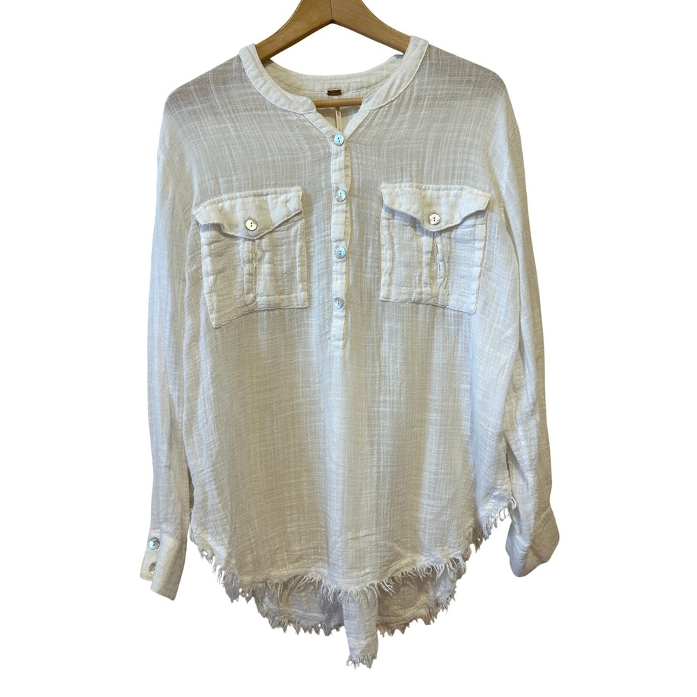 Free People Tunic Top Sz L White Lightweight Gauze Raw Hem Button Up Beach Boho